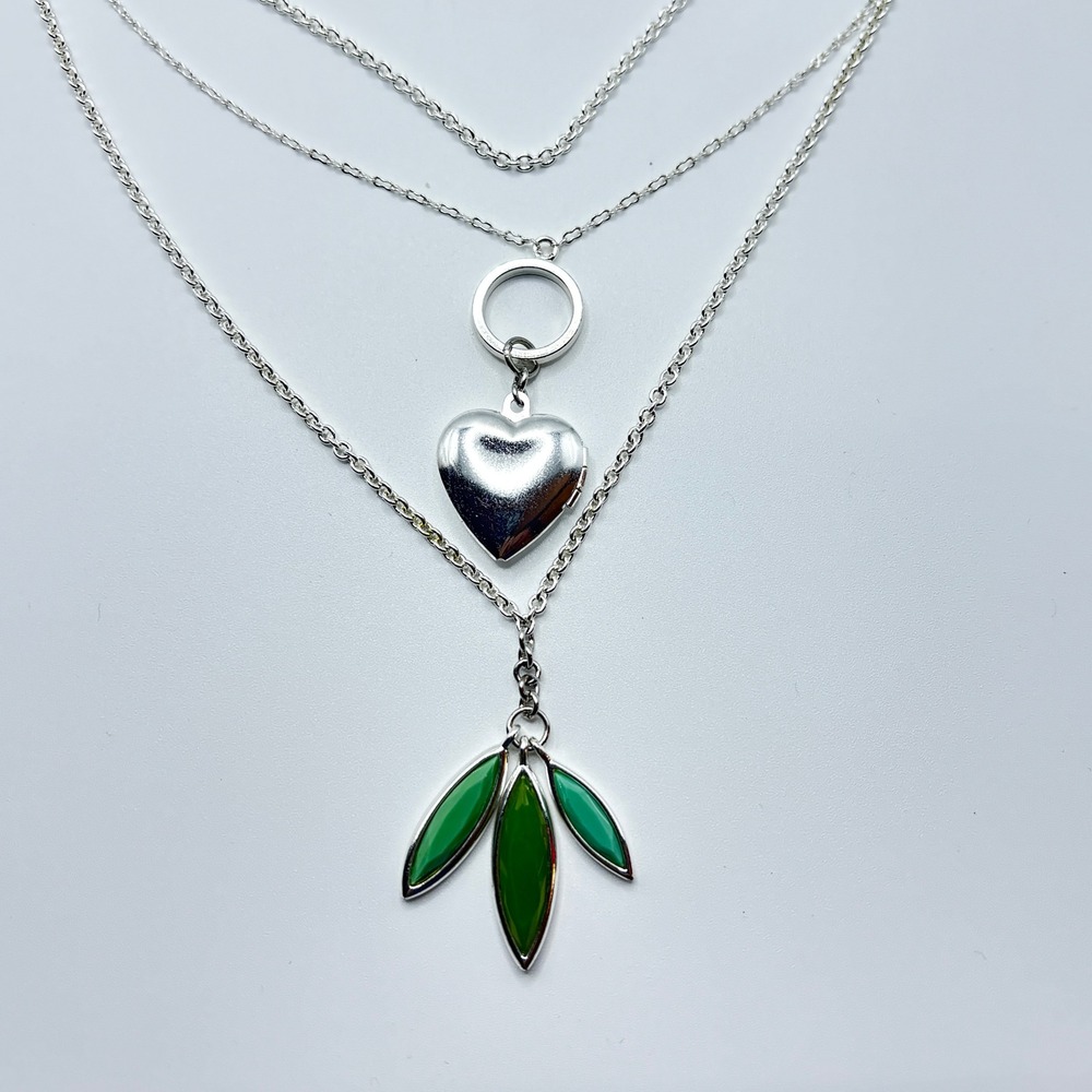 Apt. 9 Silver Tone Triple Strand Layered Heart Locket Green Leaf Necklace 19"